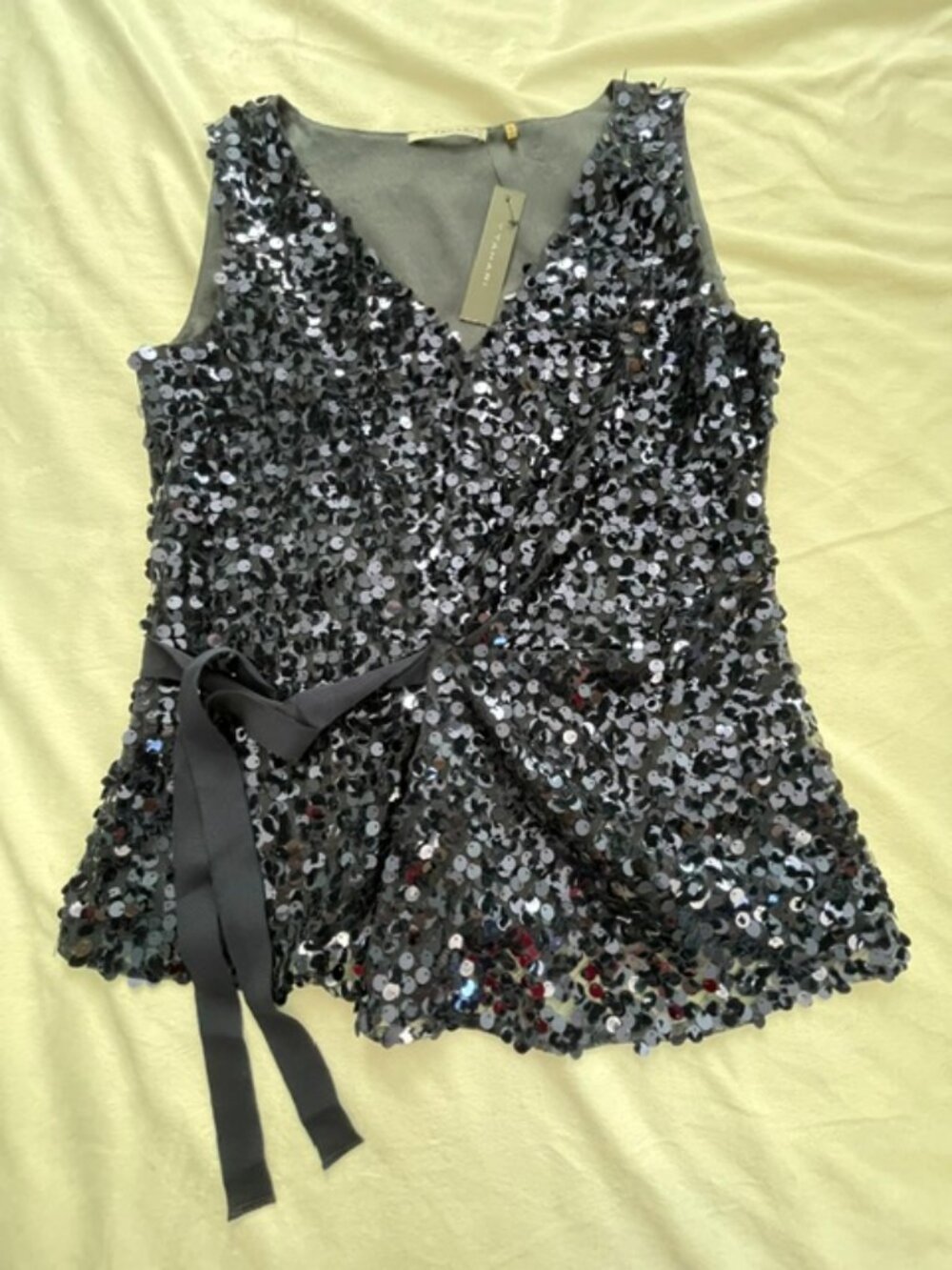 T Tahari Sleeveless Top Women's Sequined V-Neck Tie Accents, Blue Sequins,Size S
